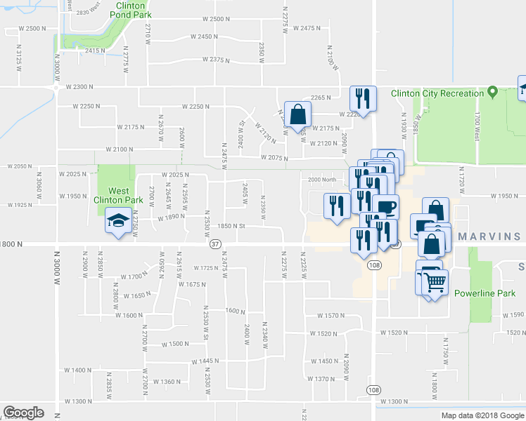 map of restaurants, bars, coffee shops, grocery stores, and more near 1949 North 2350 West in Clinton
