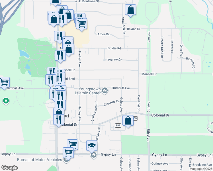 map of restaurants, bars, coffee shops, grocery stores, and more near 181 Euclid Boulevard in Youngstown