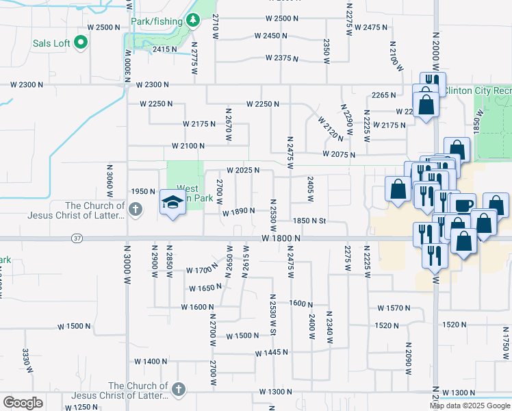 map of restaurants, bars, coffee shops, grocery stores, and more near 2582 West 1890 North in Clinton