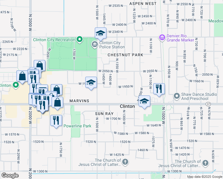 map of restaurants, bars, coffee shops, grocery stores, and more near 1401 West 1930 North in Clinton