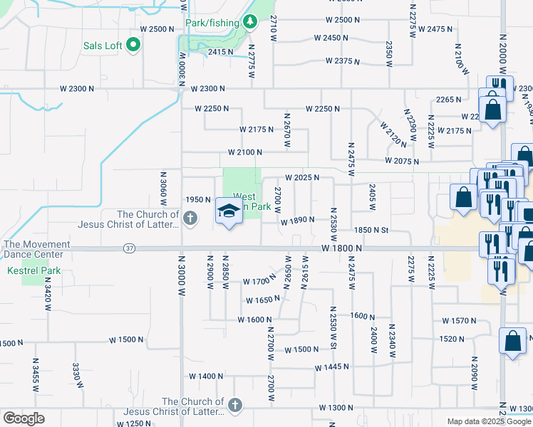 map of restaurants, bars, coffee shops, grocery stores, and more near 1933 North 2700 West in Clinton