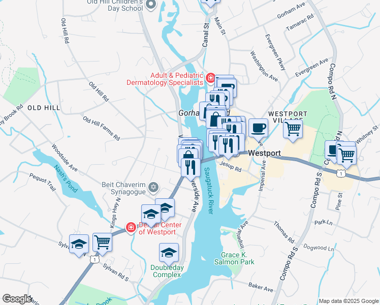 map of restaurants, bars, coffee shops, grocery stores, and more near 16 Wilton Road in Westport