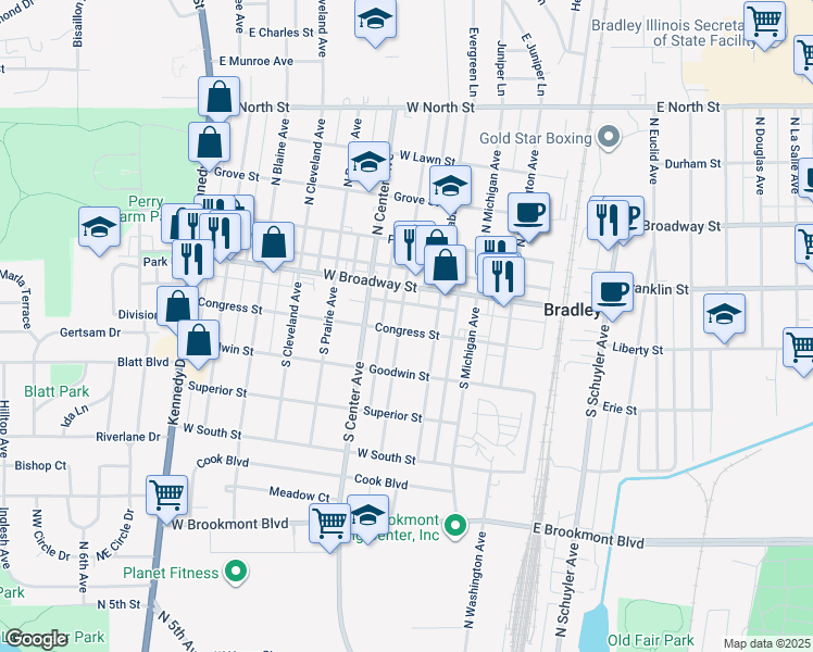 map of restaurants, bars, coffee shops, grocery stores, and more near 196 South Grand Avenue in Bradley