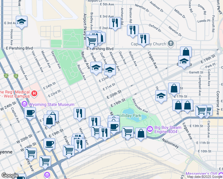 map of restaurants, bars, coffee shops, grocery stores, and more near 1123 East 21st Street in Cheyenne