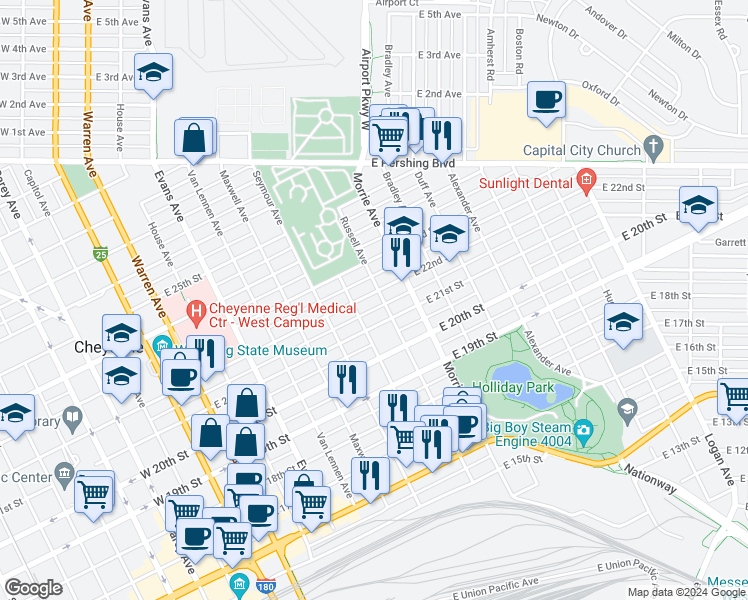 map of restaurants, bars, coffee shops, grocery stores, and more near 814 East 22nd Street in Cheyenne