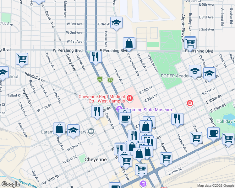 map of restaurants, bars, coffee shops, grocery stores, and more near 2508 Warren Avenue in Cheyenne