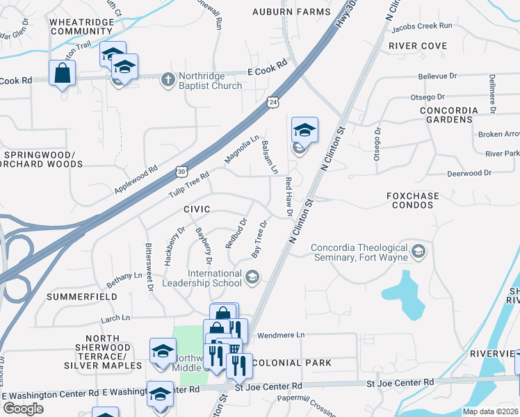 map of restaurants, bars, coffee shops, grocery stores, and more near 6807 Butternut Lane in Fort Wayne