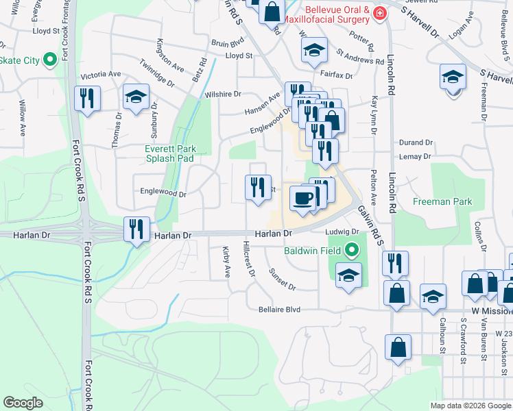 map of restaurants, bars, coffee shops, grocery stores, and more near 1749-1805 Wall Street in Bellevue