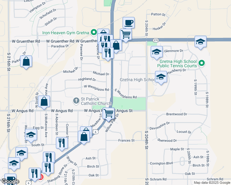 map of restaurants, bars, coffee shops, grocery stores, and more near 404 Chestnut Drive in Gretna
