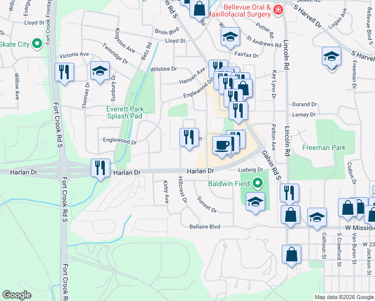 map of restaurants, bars, coffee shops, grocery stores, and more near 1749-1805 Wall Street in Bellevue