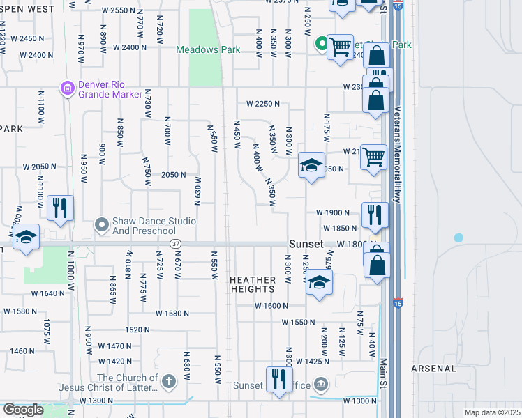 map of restaurants, bars, coffee shops, grocery stores, and more near 1938 North 400 West in Sunset