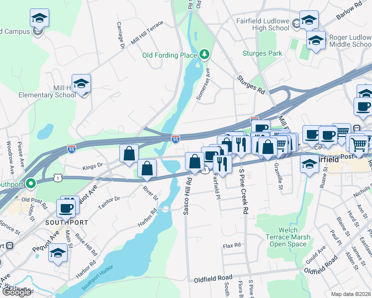 map of restaurants, bars, coffee shops, grocery stores, and more near 250 Linwood Avenue in Fairfield