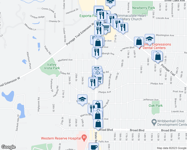 map of restaurants, bars, coffee shops, grocery stores, and more near 2490 State Road in Cuyahoga Falls