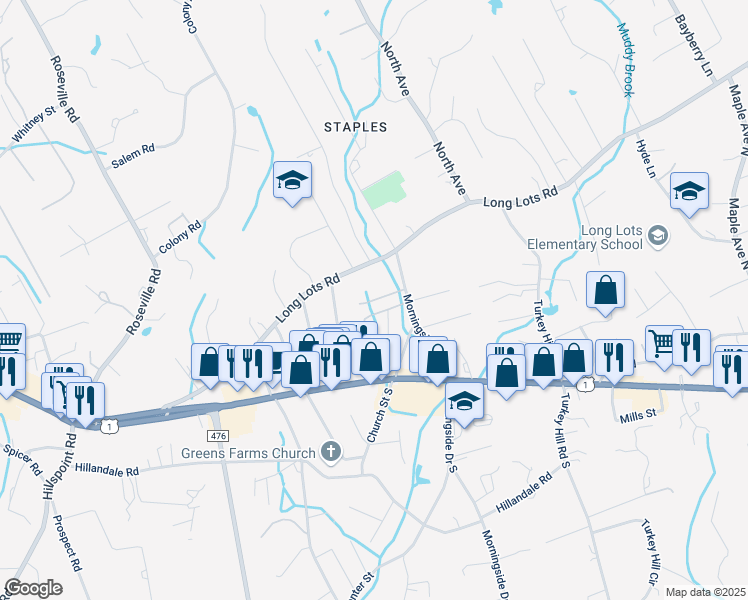 map of restaurants, bars, coffee shops, grocery stores, and more near 2 Keenes Road in Westport
