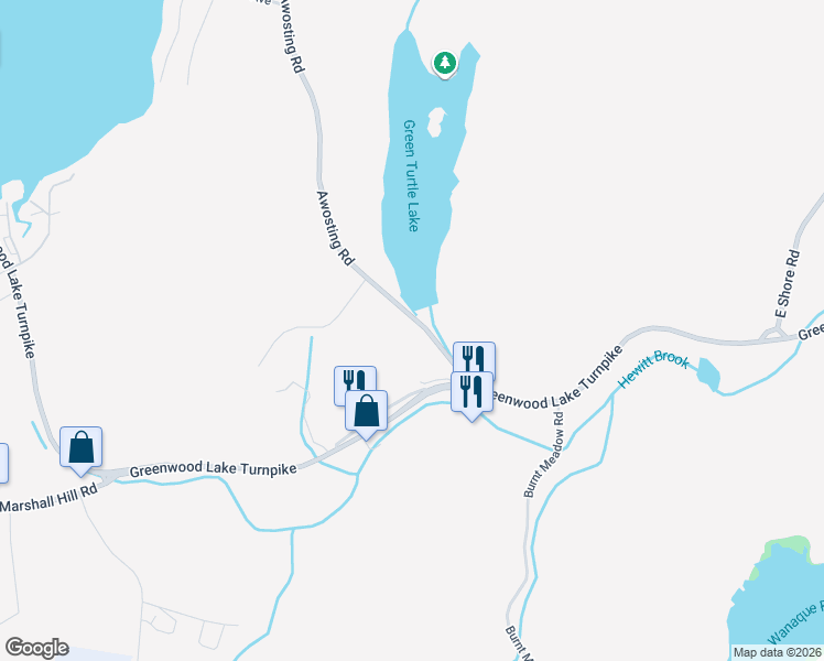 map of restaurants, bars, coffee shops, grocery stores, and more near 35 Awosting Road in West Milford