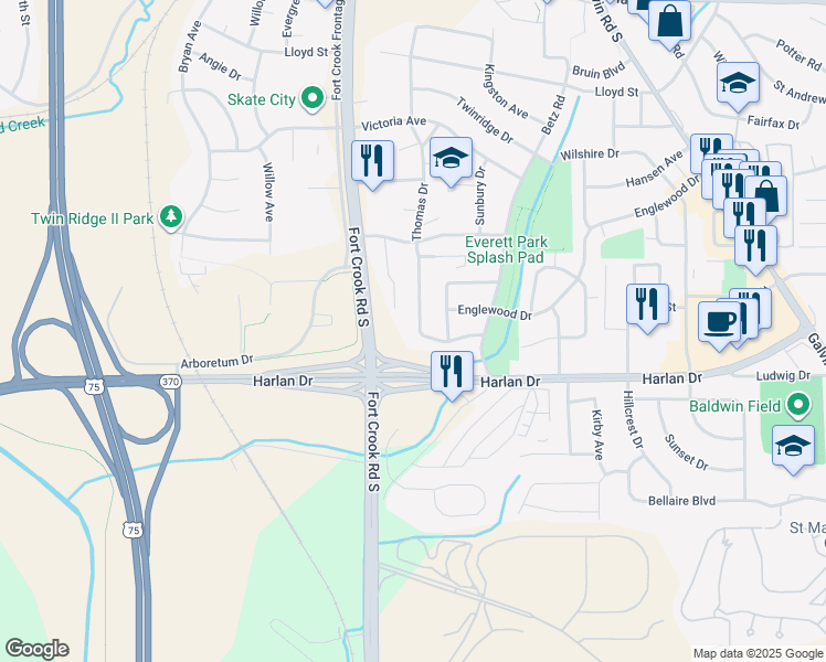map of restaurants, bars, coffee shops, grocery stores, and more near 1706 Thomas Drive in Bellevue