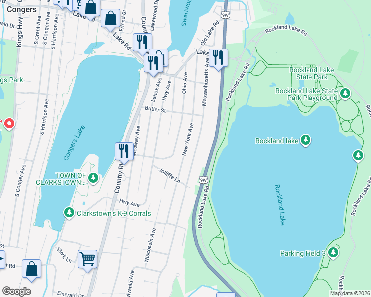 map of restaurants, bars, coffee shops, grocery stores, and more near 91 New York Avenue in Congers