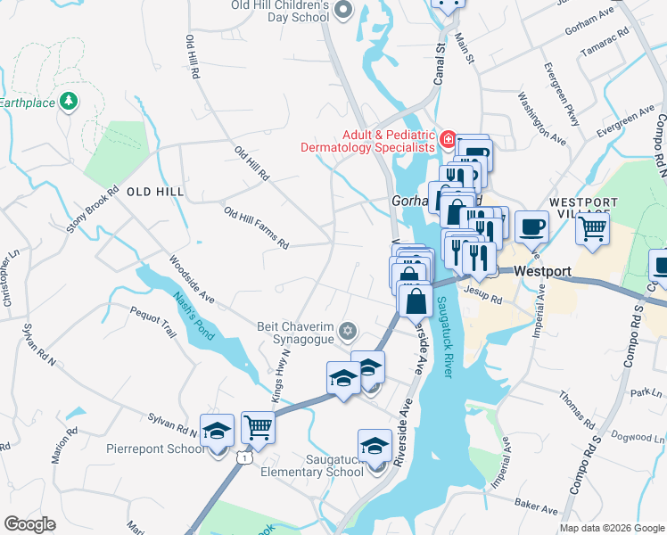 map of restaurants, bars, coffee shops, grocery stores, and more near 78 Kings Highway North in Westport