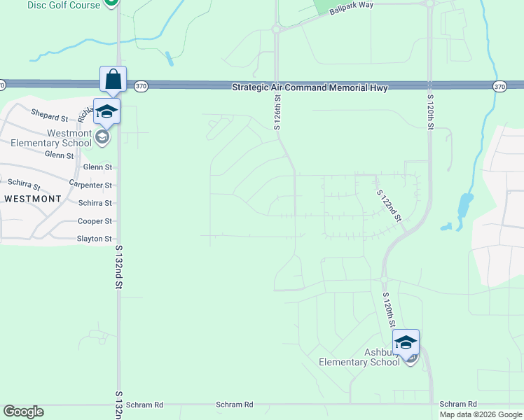 map of restaurants, bars, coffee shops, grocery stores, and more near 12610 Cooper Street in Papillion