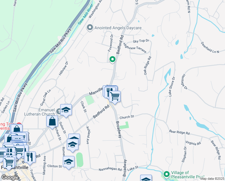 map of restaurants, bars, coffee shops, grocery stores, and more near 114 Bedford Road in Pleasantville