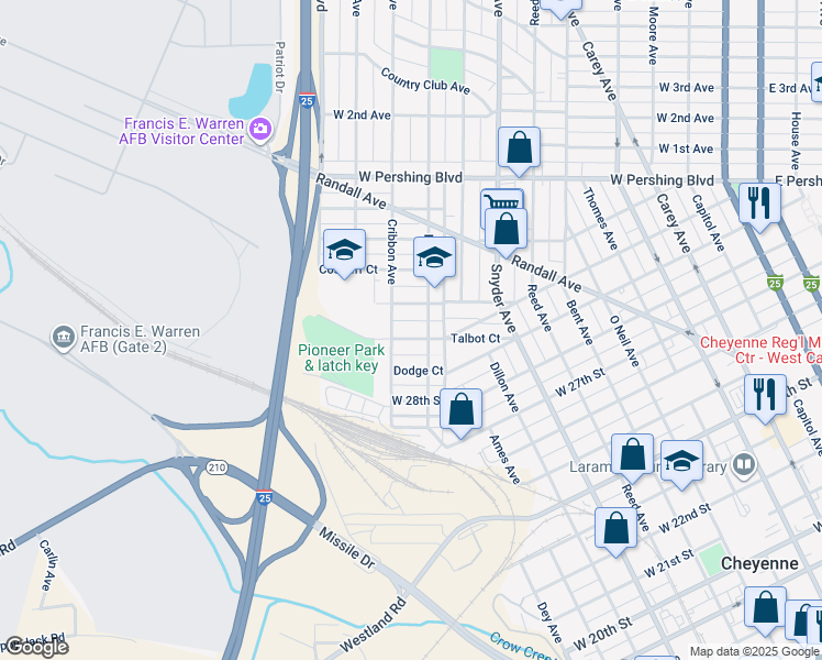 map of restaurants, bars, coffee shops, grocery stores, and more near 1217 Richardson Court in Cheyenne