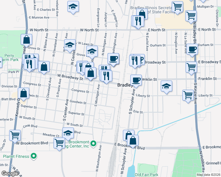 map of restaurants, bars, coffee shops, grocery stores, and more near 228 West Broadway Street in Bradley
