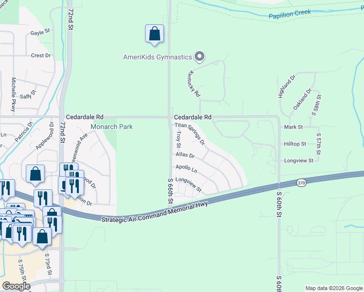 map of restaurants, bars, coffee shops, grocery stores, and more near in Papillion
