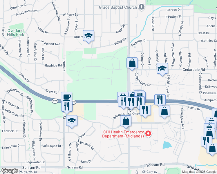map of restaurants, bars, coffee shops, grocery stores, and more near in Papillion