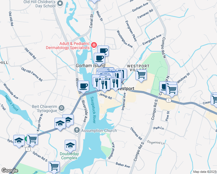 map of restaurants, bars, coffee shops, grocery stores, and more near 25 Church Lane in Westport