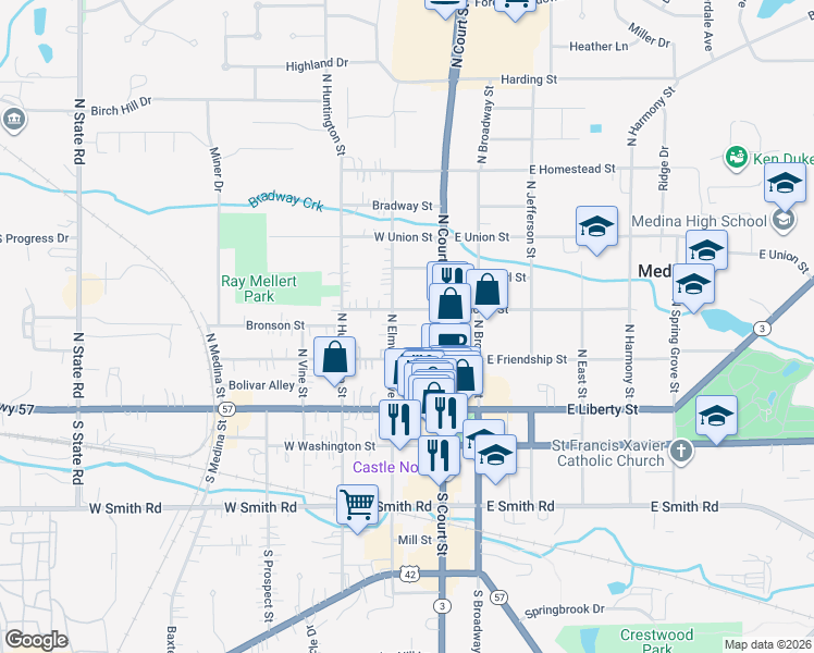map of restaurants, bars, coffee shops, grocery stores, and more near 130 West North Street in Medina