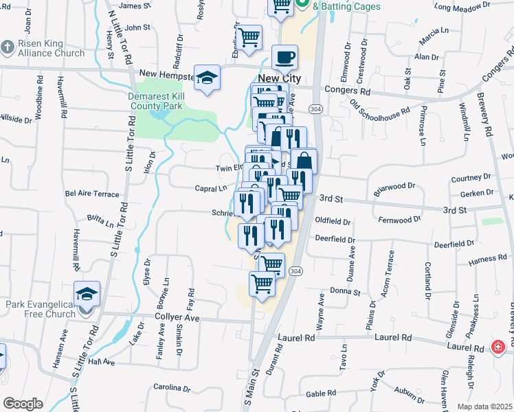 map of restaurants, bars, coffee shops, grocery stores, and more near 169 South Main Street in New City