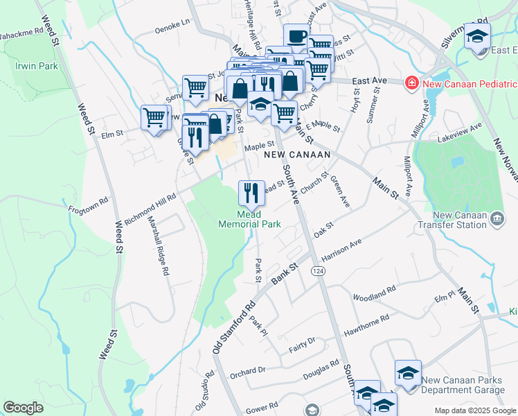 map of restaurants, bars, coffee shops, grocery stores, and more near 230 Park Street in New Canaan