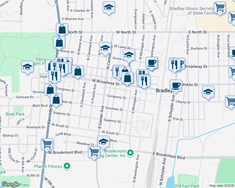 map of restaurants, bars, coffee shops, grocery stores, and more near 422 West Broadway Street in Bradley