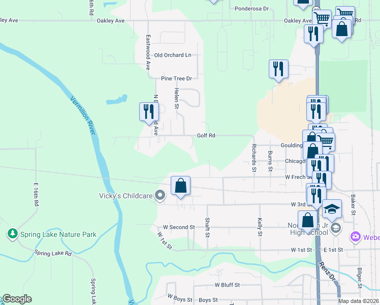map of restaurants, bars, coffee shops, grocery stores, and more near 539 1/2 Golf Road in Streator