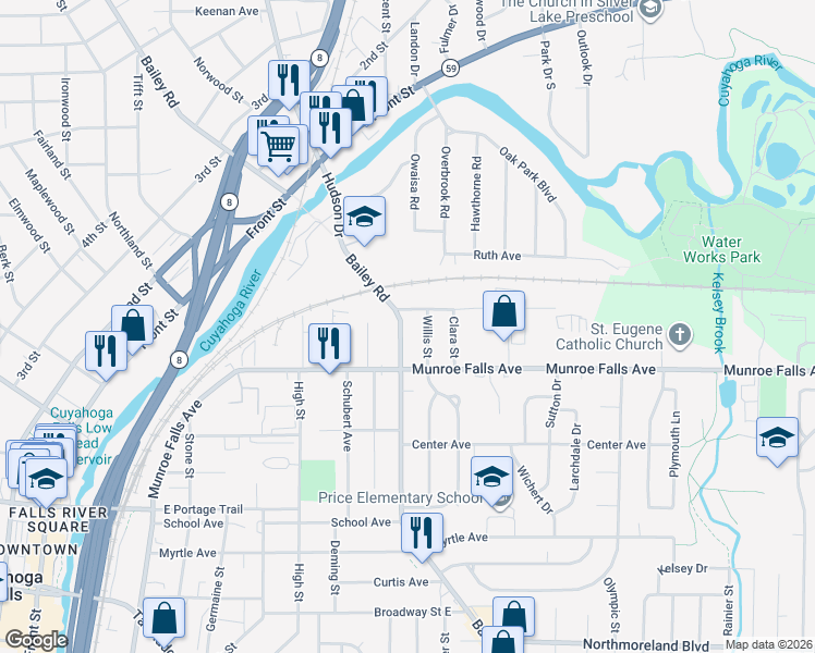 map of restaurants, bars, coffee shops, grocery stores, and more near 2475 Bailey Road in Cuyahoga Falls