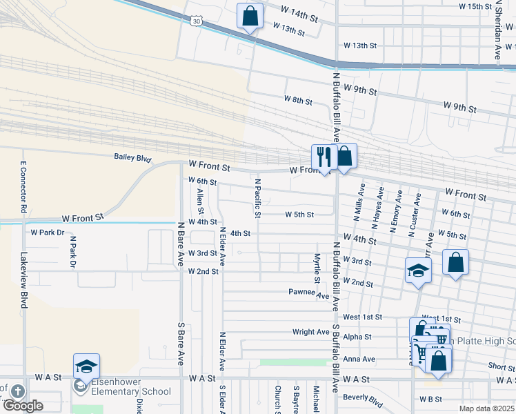 map of restaurants, bars, coffee shops, grocery stores, and more near 2916 West 6th Street in North Platte