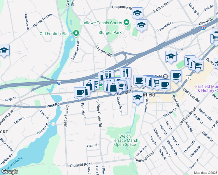 map of restaurants, bars, coffee shops, grocery stores, and more near 85 Mill Plain Road in Fairfield