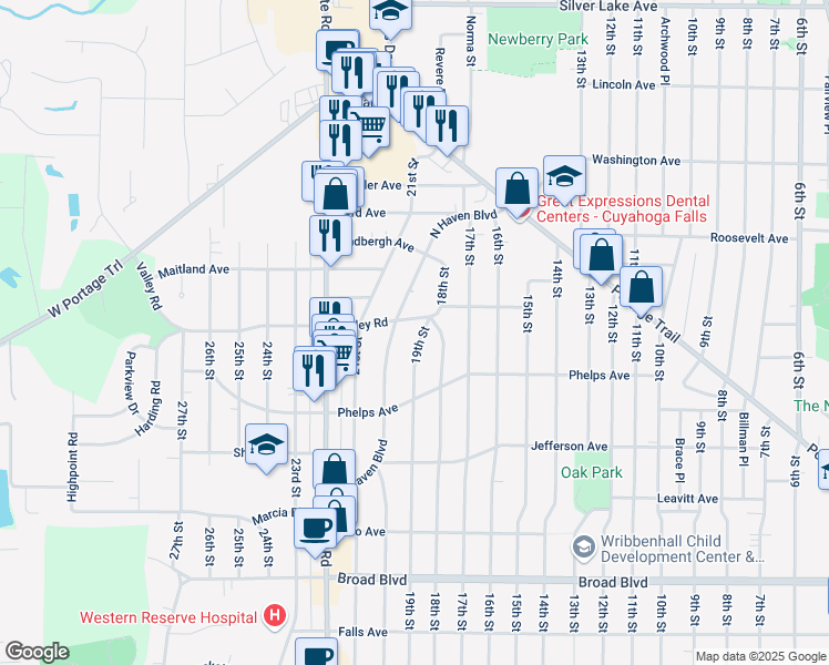 map of restaurants, bars, coffee shops, grocery stores, and more near 2493 North Haven Boulevard in Cuyahoga Falls