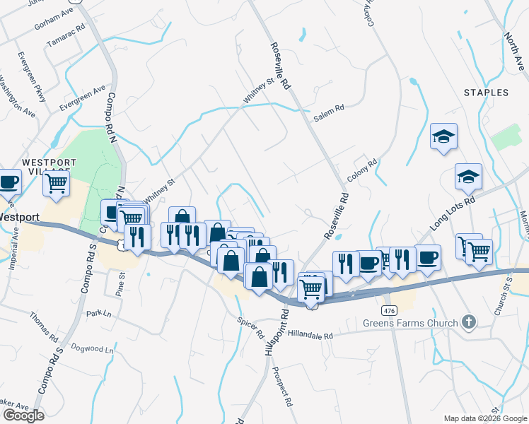 map of restaurants, bars, coffee shops, grocery stores, and more near 31 Webb Road in Westport