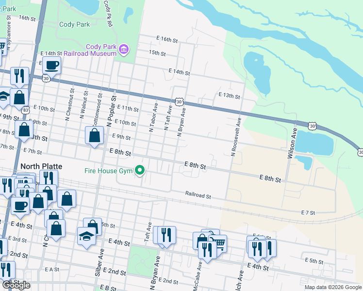 map of restaurants, bars, coffee shops, grocery stores, and more near 915 North Bryan Avenue in North Platte
