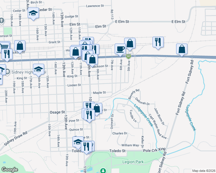 map of restaurants, bars, coffee shops, grocery stores, and more near 1128 7th Avenue in Sidney