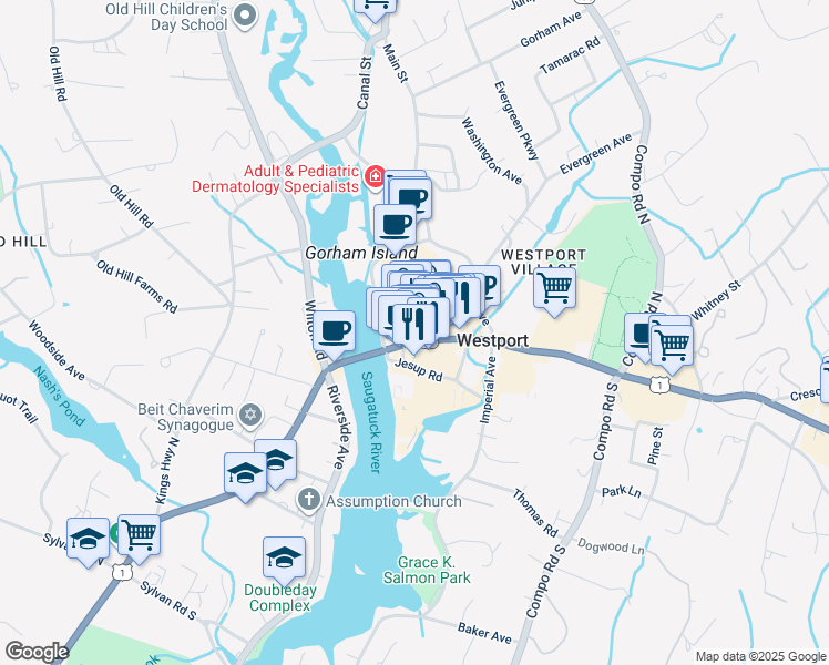 map of restaurants, bars, coffee shops, grocery stores, and more near 25 Church Lane in Westport