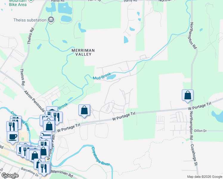 map of restaurants, bars, coffee shops, grocery stores, and more near 36 Canyon Parkway in Akron