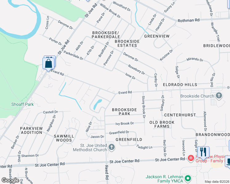 map of restaurants, bars, coffee shops, grocery stores, and more near 4767 Evard Road in Fort Wayne