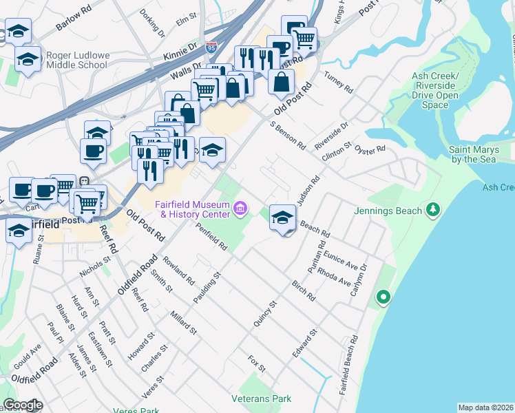 map of restaurants, bars, coffee shops, grocery stores, and more near 340 Beach Road in Fairfield