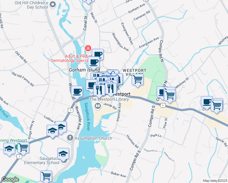 map of restaurants, bars, coffee shops, grocery stores, and more near 7 Sconset Square in Westport
