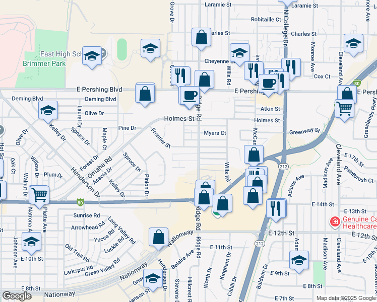 map of restaurants, bars, coffee shops, grocery stores, and more near 3319 Frontier Street in Cheyenne