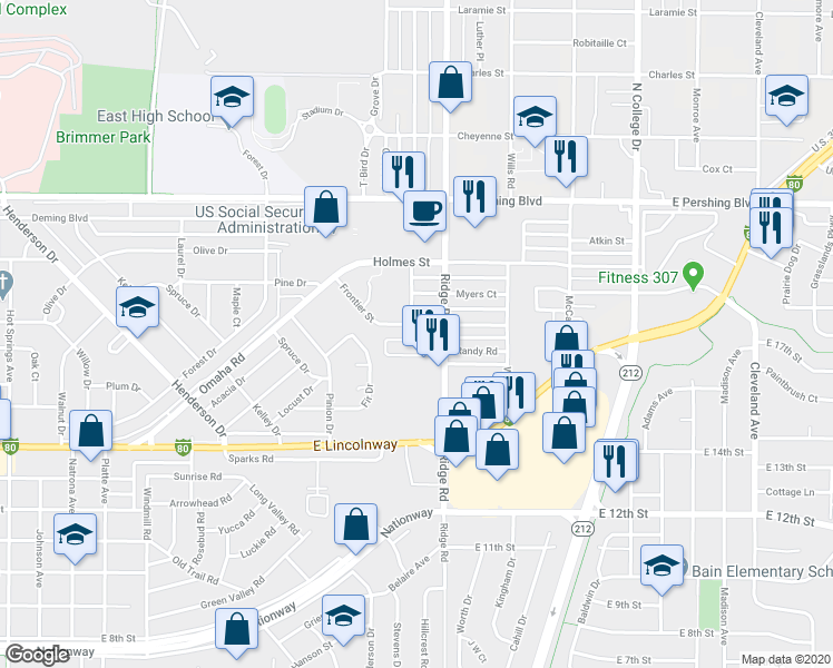 map of restaurants, bars, coffee shops, grocery stores, and more near 3319 Frontier Street in Cheyenne