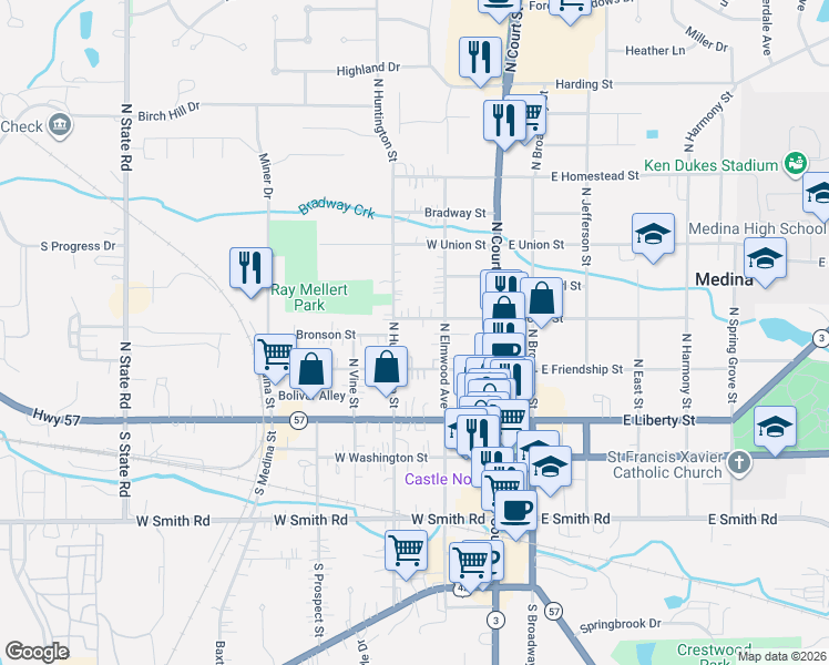 map of restaurants, bars, coffee shops, grocery stores, and more near 222 West North Street in Medina