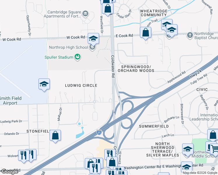 map of restaurants, bars, coffee shops, grocery stores, and more near 6725 Coldwater Road in Fort Wayne